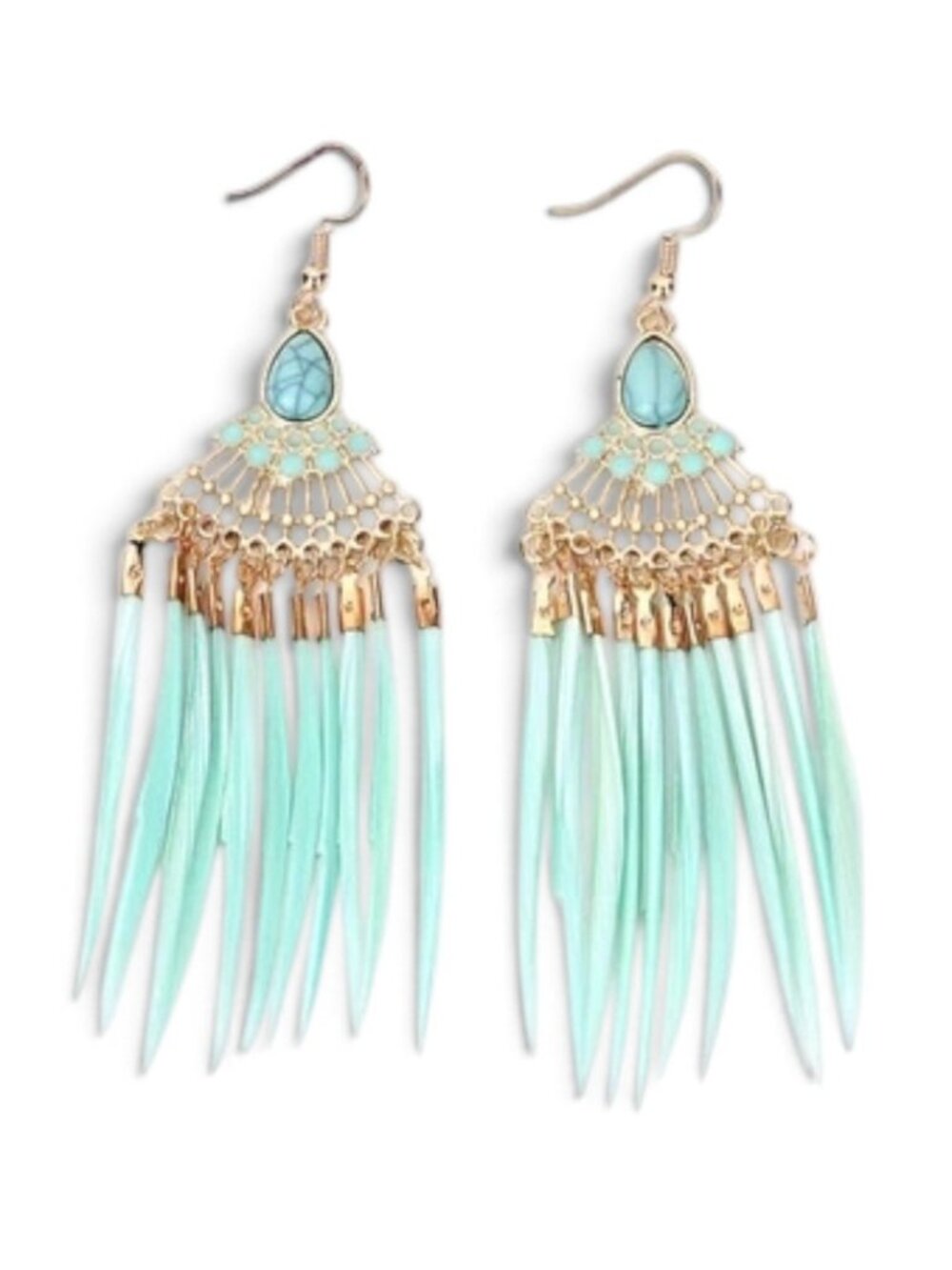 Sea foam Green Feather Tassel Yellow Gold Plated Long Boho Earrings